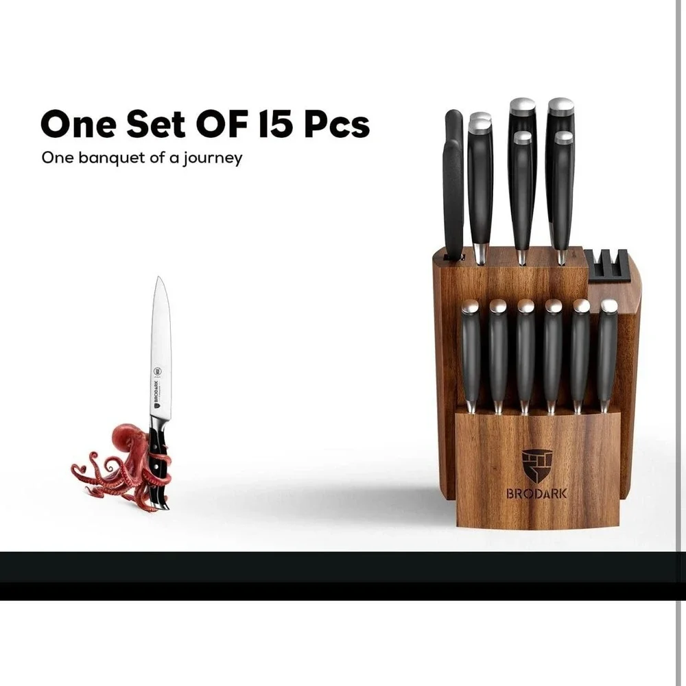 BRODARK 15 Piece Knife Block Set Steel-King German Steel Black Acacia Wood